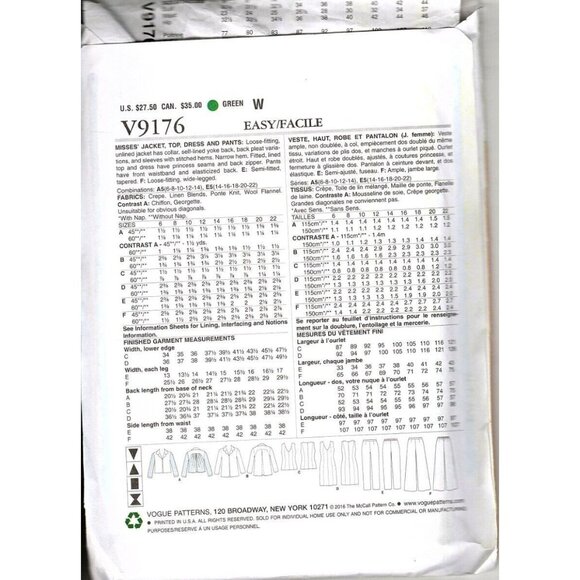 Vogue V9176 Misses 6 to 14 Jacket, Pants, Dress and Top Uncut Sewing Pattern - Picture 2 of 2